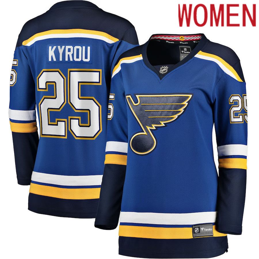 Women St. Louis Blues 25 Jordan Kyrou Fanatics Branded Blue Home Breakaway Player NHL Jersey